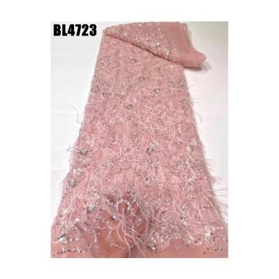 China Popular red 3d feathers lace tulle net sequins lace dress  french fabric wedding african lace fabric Dubai clothes for party for sale