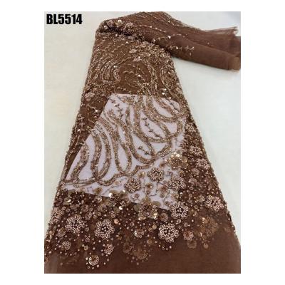 China Exquisite brown handmade beaded lace embroidery african french lace fabric sequin wedding dress Ghana fabric women clothing for sale