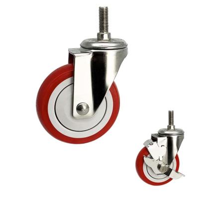 China OEM Stainless Steel Caster Wheels 100mm Red Polyurethane Threaded Stem for sale