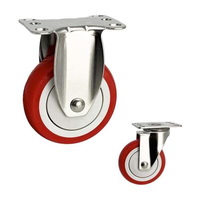 China 125mm Red PU Wheel Stainless Steel Casters Fixed Plate Type for sale