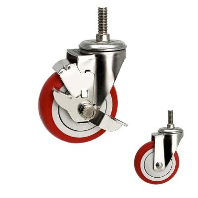 China 176lbs Stainless Steel Casters 75mm Silent Red Wheel PU Threaded Stem Side Locking Casters for sale