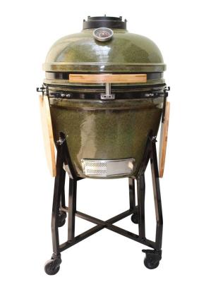 China Ceramic Kamado Grill 23 Inch Outdoor Charcoal Tropical Green Color 59cm With Cart And Side Tables for sale
