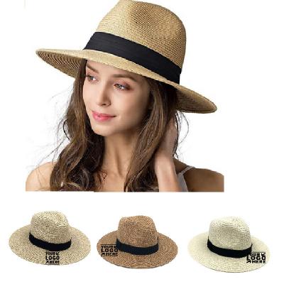 China Customized Brand Print Logo Panama Straw Hat Beach Sun Hat for sale