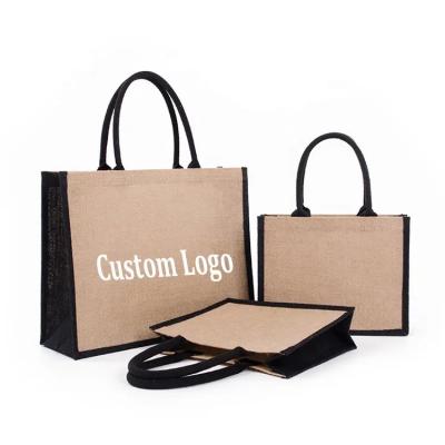 China Reusable  jute shopping Tote bag Natural PE coating lamination burlap custom logo color eco friendly grocery tote bags for sale