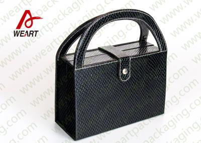 China Black Textured Leather Cosmetic Paper Box With Handle & Powder Compact for sale