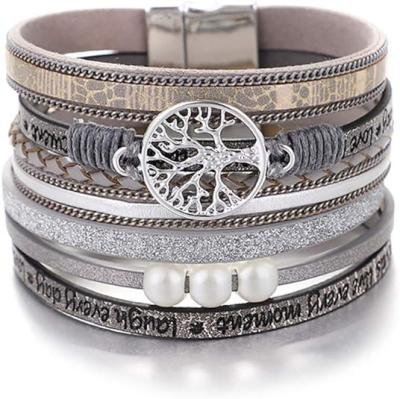 China Leather Multi Layer Wrap Wide Magnetic Buckle Bracelet Bohemian Tree Of Life Series for sale