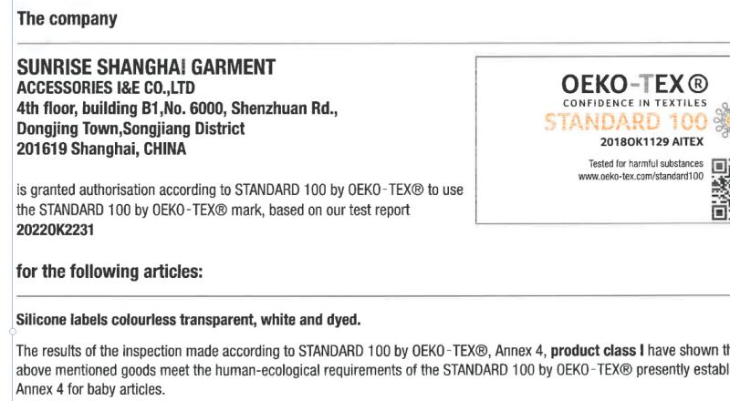 Oeko 证书 - Shanghai Yingjia Garment Accessories Co., Ltd.