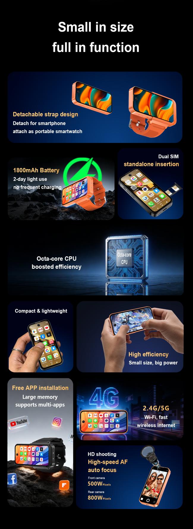 PG999 Smartwatch Phone showing detachable design and interface features