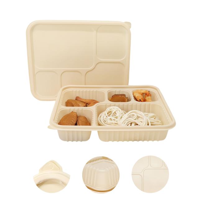 Customized corn starch biodegradable lunch box with 4 compartments and secure lid