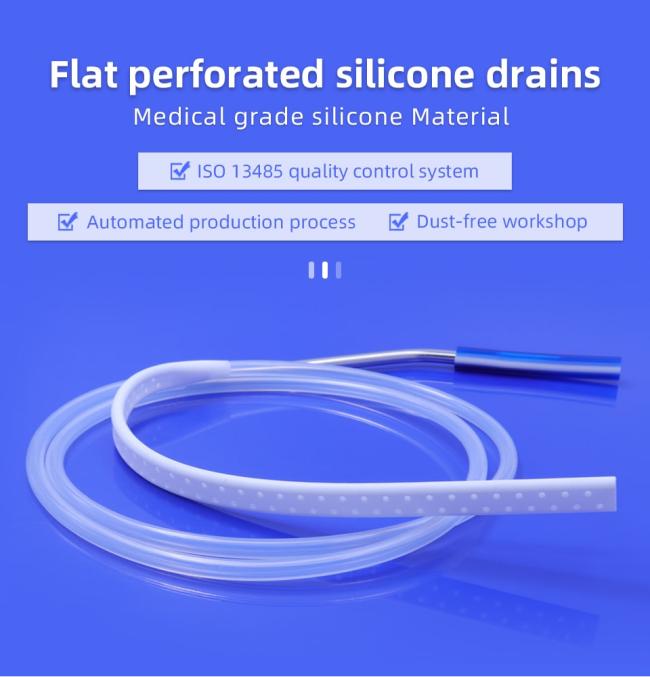 Medical-grade silicone flat drain close-up showing perforations and structure