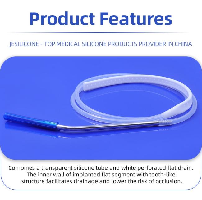 Silicone flat drain demonstrating flexibility and transparent tubing