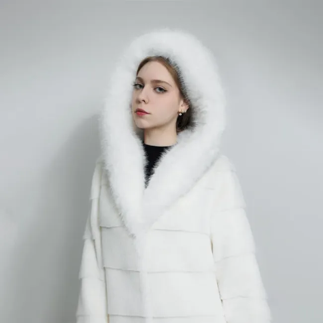 Women's eco-friendly faux fur overcoat hood detail