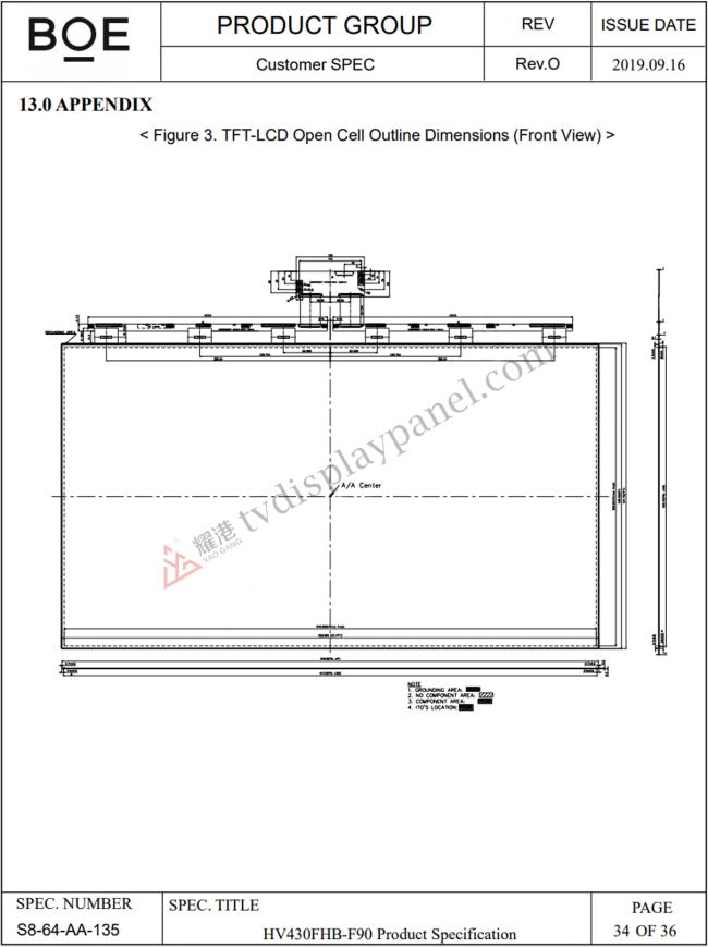 HV430FHB-F90 LCD panel external dimensions