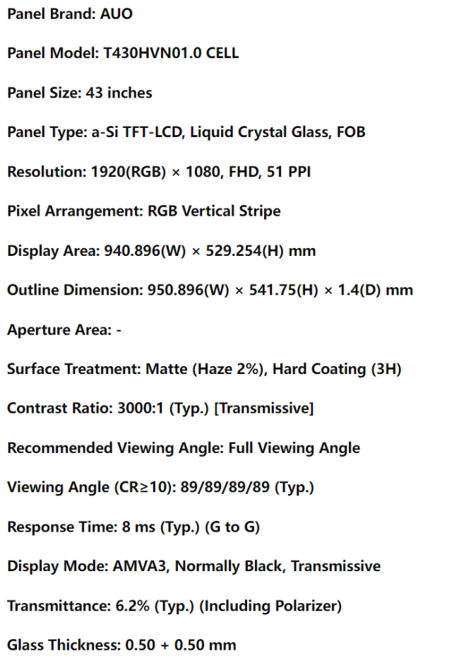 AUO T430HVN01.0 mechanical drawing with dimensions and mounting specifications