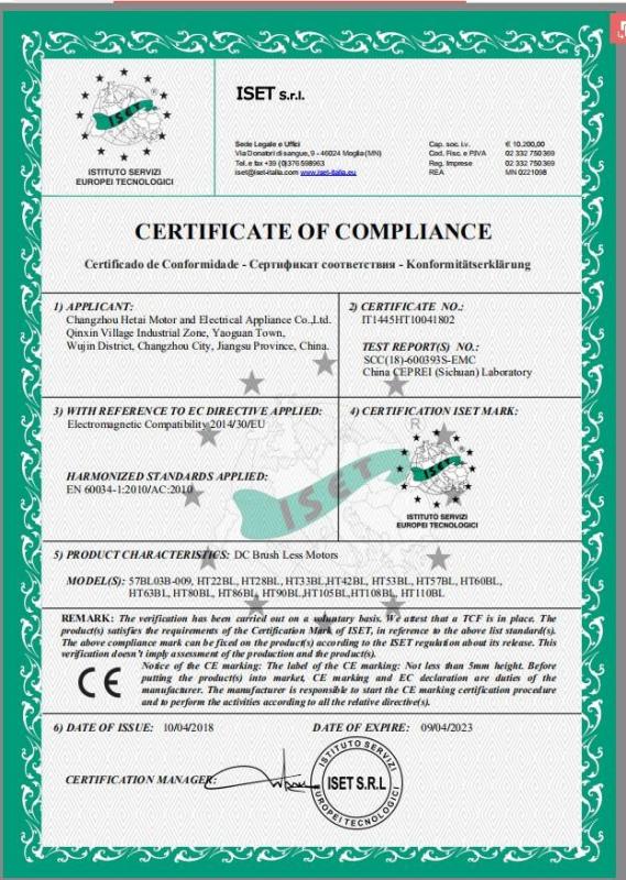 CE - Changzhou Hetai Motor And Electric Appliance Co., Ltd.