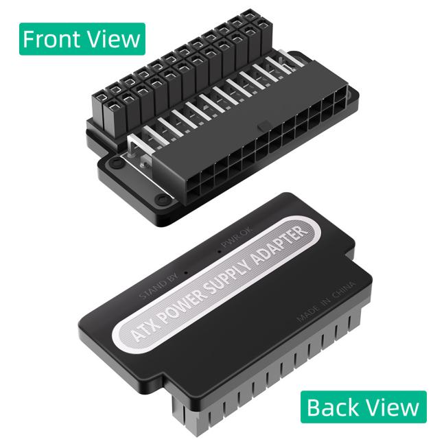 Side view of ATX power adapter demonstrating 90-degree angle design