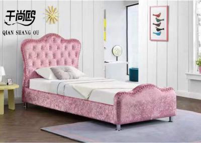 China Single Size Pink Crushed Velvet Fabric Upholstered Princess Bed With Diamond Buttons for sale