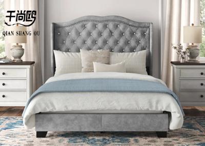 China Fabric Tall Gray Upholstered Bed Unique Bedside Button Design With Wing Board for sale