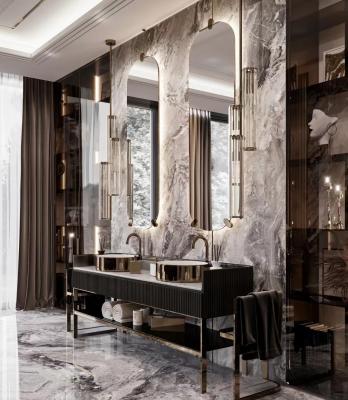 China Gabinete integrado inconsútil de cerámica del lavabo del cuarto de baño de los muebles del hotel de lujo de la placa de la roca en venta