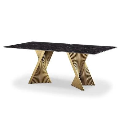 China Premium Hotel Restaurant Furniture Modern Art Natural Marble Metal Base Dining Table for sale