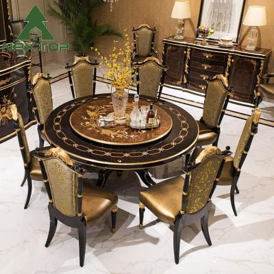 中国 Deluxe Dining Room Set Classical Antique Wooden Round Dining Table With Turntable 販売のため