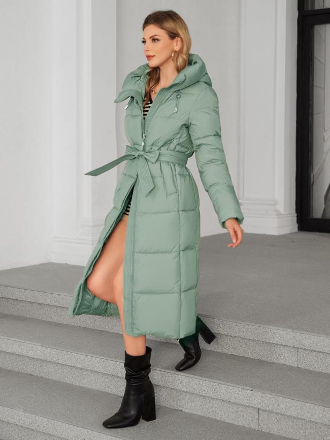 Bio Fluff Woman Coat Hooded Thickened Long Cotton Coat with Slanted Placket and Pleats Available in Multiple Size Options
