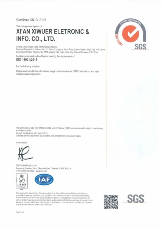 ISO 14001:2015 - XIAN XIWUER ELECTRONIC AND INFO. CO., LTD