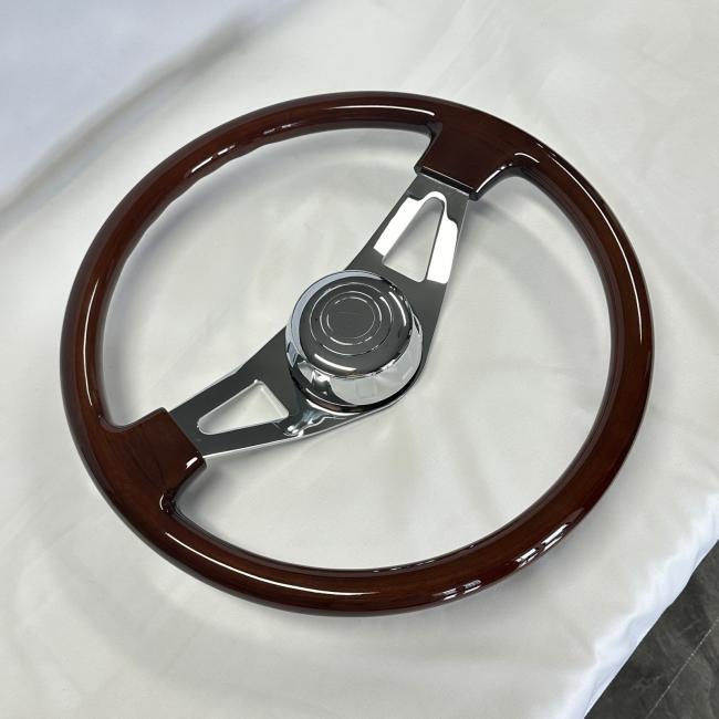 Truck wood steering wheel front view showing walnut wood rim and chrome spokes