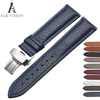 China ALK Watchband Brand Genuine Leather Belt Deployant Buckle Band Butterfly Clasp Strap sized in 12 14 16 18 20 22 24mm for sale
