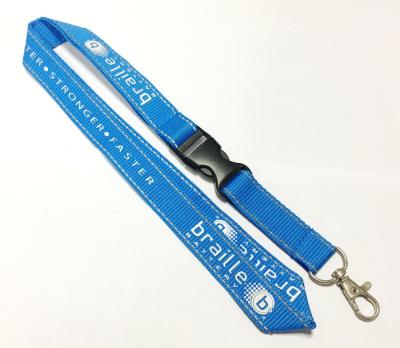 China Polyester Blue Reflective Personalised Lanyards White Logo Safety Buckle Metal Hook for sale