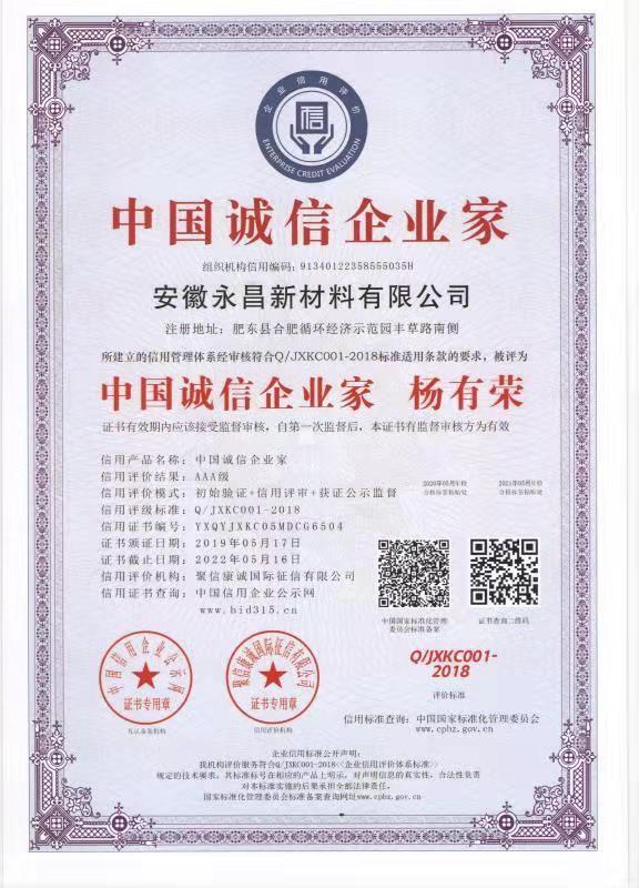 Honor certificate - Anhui Yochon New Materials Co.,Ltd