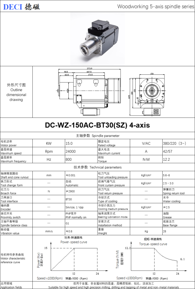 DECI CNC Wood Lathe Spindle Motor Electrospindle ATC 15KW 24000rpm BT30 800Hz woodworking 5-AXIS machine