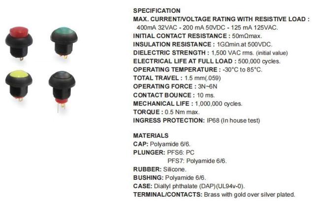 12mm Sub-Miniature Waterproof Momentary Push Button Switch