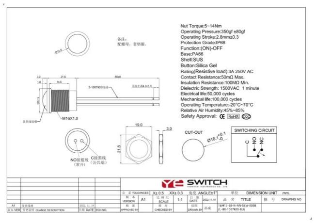 Yeswitch 16mm IP68 Momentary Silicone Button Switch with 80mm Wire