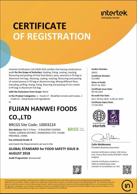 Industry Certificates - Fujian Hanwei Foods Co., Ltd.