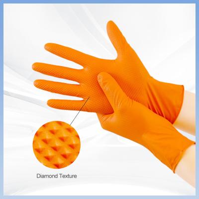 China Los guantes disponibles anaranjados del trabajo del nitrilo pulverizan a Diamond Texture Industrial Nitrile Gloves libre en venta