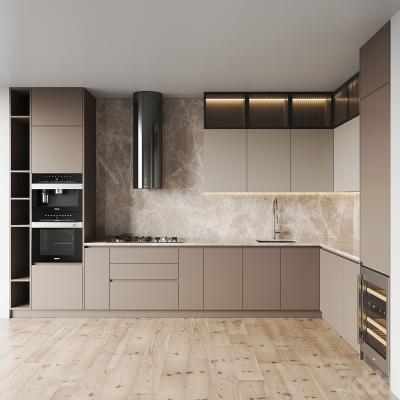 China Cabinetes de cocina modernos EB Cabinetes de madera beige Sistema de almacenamiento de cocina en venta