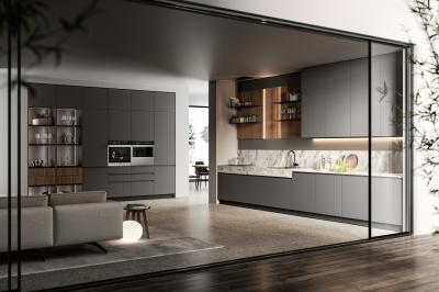 China Customized PET Kitchen Cabinets Modern Gray Kitchen Cabinet With Winecase for sale