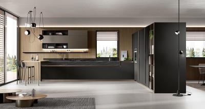 China L Shaped Black Modern Kitchen Cabinet Customized PET Kitchen System for sale