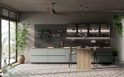 China Mantel verde elegante gabinetes de cocina de PET equipados con mesa de comedor de madera en venta