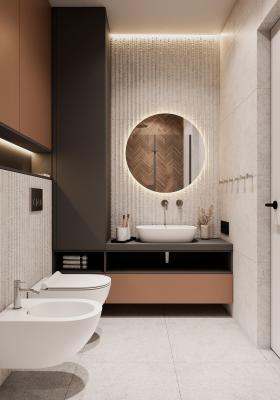 China Armário de banheiro personalizado preto e laranja em forma de L à venda