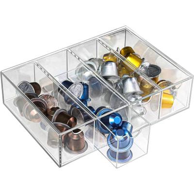 China Deluxe Clear Acrylic 4 Compartment Hinge Lid Nespresso Capsule Holder or Tea Bag Organizer Storage Box for sale