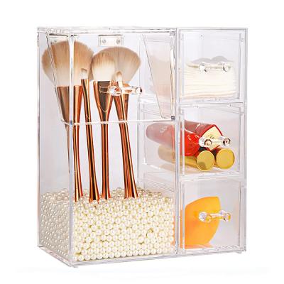 China Clear Display Acrylic Makeup Brush Holder With Lid Pearl Cosmetic Storage Organizer for sale