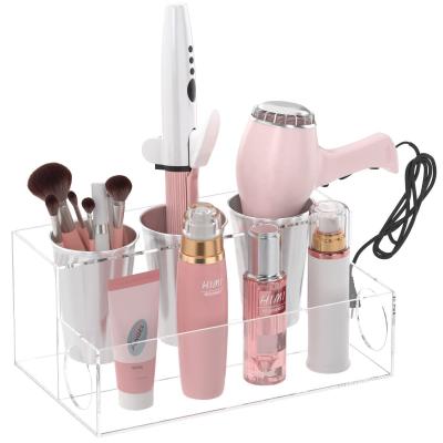 China Customized  Bathroom Storage Stand Acrylic Hair Dryer Holder clear  Hair Tools Organizer  with 3 Stainless Steel Cups for sale