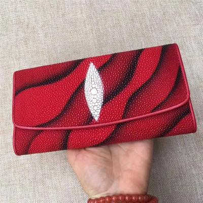 China Authentic Stingray Skin Female Long Trifold Wallet Coin Case Genuine Leather Women Large Red Clutch Purse Lady Money Bag for sale