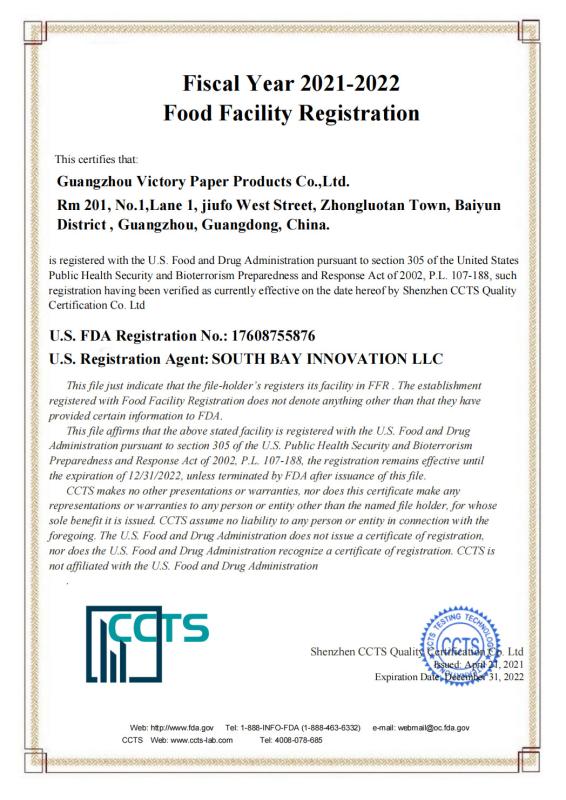 FDA - Guangzhou Victory Paper Products Co., Ltd.