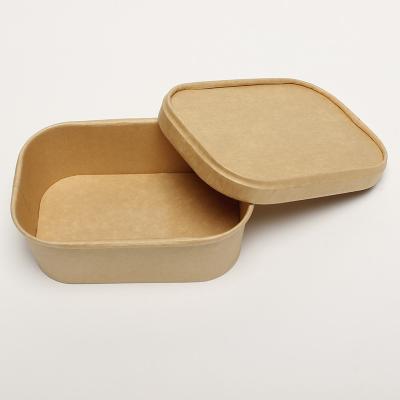 China 500ml Rectangle Kraft Paper Salad Bowl With Lid Biodegradable Food Grade for sale