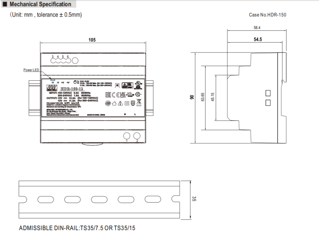HDR-150-12 Power Supply dimensional specifications