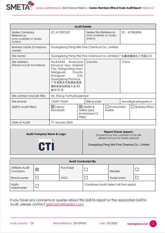 Sedex Members Ethical Trade Audit Report - Guangdong Peng Wei Fine Chemical Co.,Limited