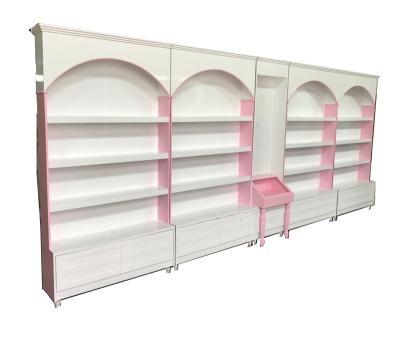China Pink Beauty Shop Makeup Display Cabinet Shelf For Cosmetics 900*350*2200mm for sale